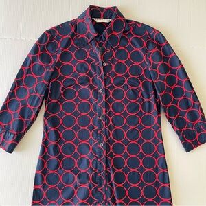 Trina Turk Navy/Red Circle Pattern Button Down Shirt Dress 3/4 Sleeves
